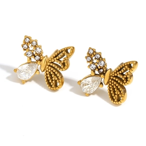 Asymmetric 18K gold plated butterfly stud earrings with sparkling pear-shaped zircons