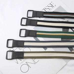 Striped canvas belts with leather trim and matte double ring buckles in various colors