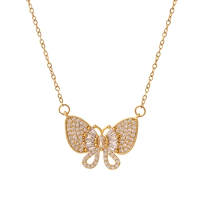Elegant gold butterfly pendant necklace with shimmering zircon stones on a fine chain