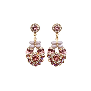 Vintage style silver needle earrings with pink glass pendants and bow crystal details