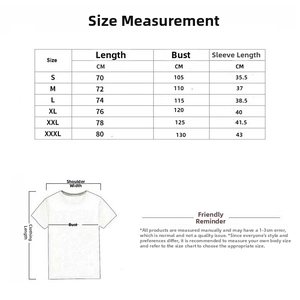 Tabella taglie dettagliata con misure in CM per t-shirt da uomo con scollo a V e blocchi colore