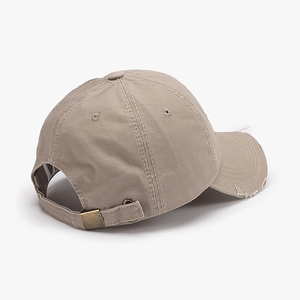 Distressed khaki cotton baseball cap with vintage embroidery and metal buckle strap