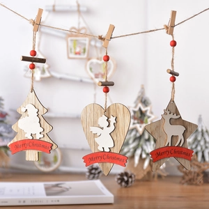 Wooden Christmas hanging ornaments set featuring star heart and tree shapes with red banners