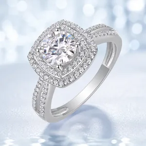 Luxury 925 Sterling Silver Moissanite Ring For Women Double Halo Engagement Wedding Ring Split Shank Fashion Jewelry