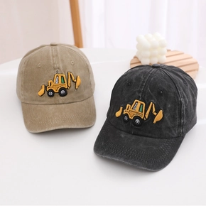 Detailed embroidery of excavators on khaki and dark grey cotton baseball caps for kids
