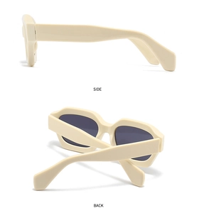 Side and back view of retro chunky cream sunglasses with thick frames and dark grey lenses