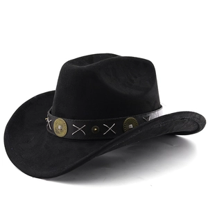 Close-up of black suede cowboy hat with brown leather band and silver cross-stitch detail