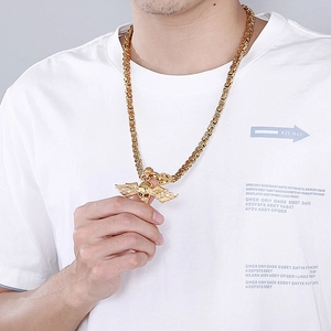 Men's titanium steel necklace with gold skull wings pendant and square link chain