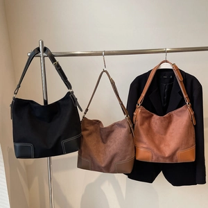 Minimalist vintage suede hobo tote bags in black dark brown and caramel for women