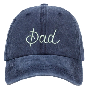 Detail view of navy washed cotton baseball cap featuring mint green 3D Dad embroidery