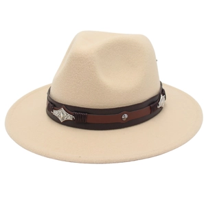 Elegant beige fedora hat with dark brown leather band and metallic buckle detail
