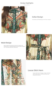 Detail view of paisley print dress showing high collar, tied waist, and tiered hemline