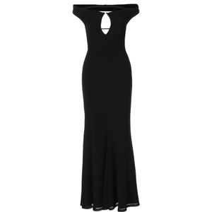 Détail d'une robe sirène noire élégante à épaules dénudées avec découpe goutte d'eau