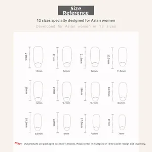 Detailed size chart showing 12 dimensions for French white press-on nails from 7mm to 22mm