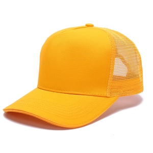 Detail view of bright yellow mesh trucker hat showing breathable back panels and stitching