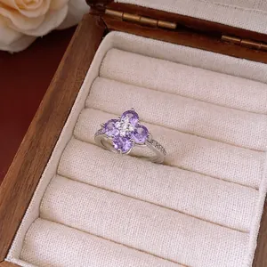 Flower Zircon Ring Copper With Purple Heart Shaped Stone Adjustable Open Finger Jewelry Elegant Design Women