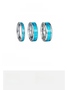 Titanium steel ring size guide showing 4mm, 6mm, and 8mm widths with blue opal inlay