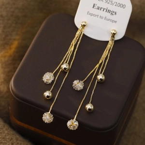 Elegant 925 silver long gold fringe earrings with sparkling crystals for women