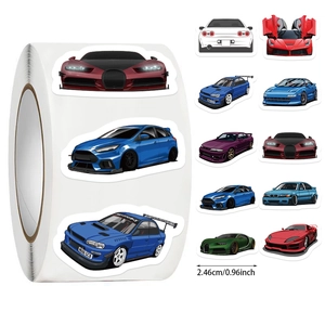 Detailed view of car cartoon stickers roll with dimensions and 10 vehicle designs