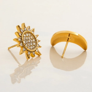 Classic 18K gold plated stainless steel sun and moon stud earrings with white zircon