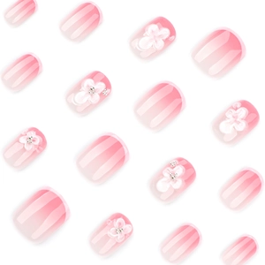 Short square pink gradient press-on nails with 3D white flowers and silver beads