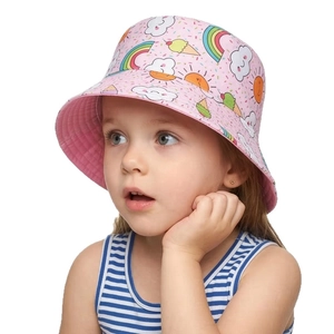 Pink cartoon fisherman sun hat for girls with rainbow and ice cream patterns