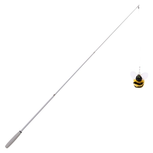Extendable cat teaser wand with a retractable fishing rod and plush bee toy for interactive play