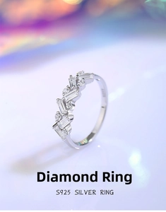 Detailed macro view of S925 sterling silver ring with rectangular and round zirconia stones