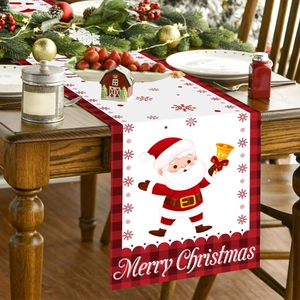Christmas Table Runner Polyester Santa Claus Bell Reindeer Snowflake Red Black Buffalo Plaid Holiday Party Dining Decor