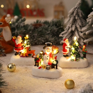 Lighted Christmas resin house miniatures with Santa, Snowman and Tree for holiday decor