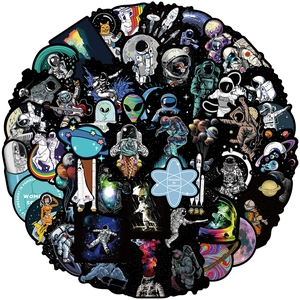 Close-up of waterproof space-themed stickers featuring astronauts and colorful rockets