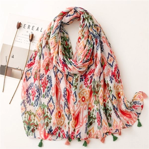 Bohemian Geometric Print Scarf Shawl Soft Bali Yarn With Tassels Lightweight Sun Protection For Women Beach Travel