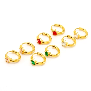 Golden stainless steel hoop earrings with star-shaped zircons in multiple colors
