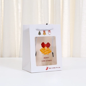 Christmas white paper gift bag with transparent window and festive bell illustrations