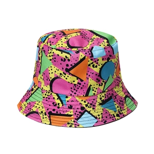 Retro geometric leopard print bucket hat with colorful tribal graffiti patterns for women