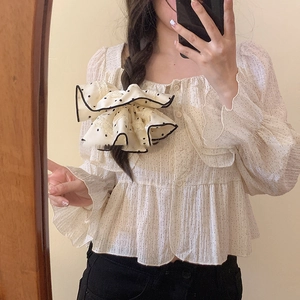 French square neck chiffon blouse with black polka dots and layered ruffle details