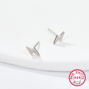 Minimalist S925 sterling silver lightning bolt stud earrings with cubic zirconia stones