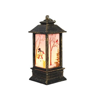 Bronze Christmas lantern with snowman scene and LED light for festive desktop decoration