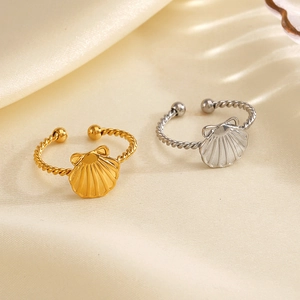 Chic 18K gold and silver plated stainless steel shell rings with twisted rope band