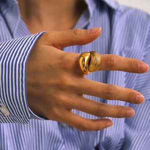 Detailed view of an 18k gold plated stainless steel teardrop ring on a finger