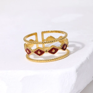 Bohemian gold plated evil eye ring with red enamel and twisted rope texture bands