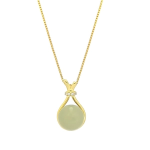 Elegant gold necklace with lucky bag nephrite jade pendant and shimmering small diamonds