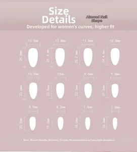 Size chart showing 12 dimensions for almond press-on nails with lengths and widths
