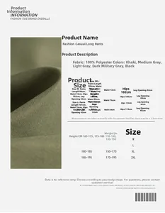 Tabla de tallas detallada y especificaciones de tela para pantalones cargo de pierna ancha