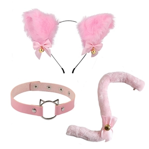 Pink plush cat ears headband with matching bell choker and tail cosplay costume set