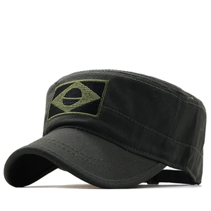 Dark army green flat top cadet cap with embroidered patch made of durable cotton twill