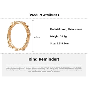 Detail showing gold plated geometric multilayer bangle with rhinestones and size dimensions