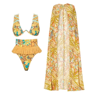 Three-piece bohemian bikini set with fringe trim high waist bottom and floor-length cover-up