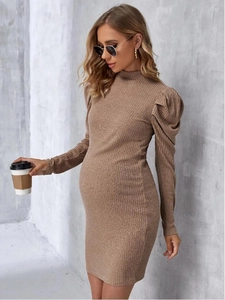 Brown knit long sleeve maternity mini dress with mock neck and puffed sleeves