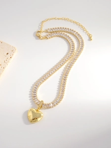 Retro gold heart necklace featuring white cubic zirconia tennis chain for women
